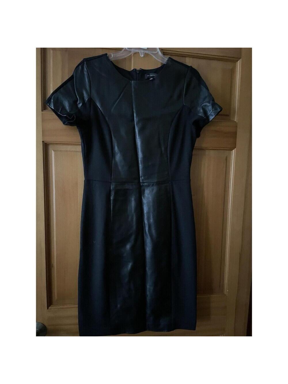 Women’s The Limited Black Dress Size 8 Faux leather combo knee length short slee